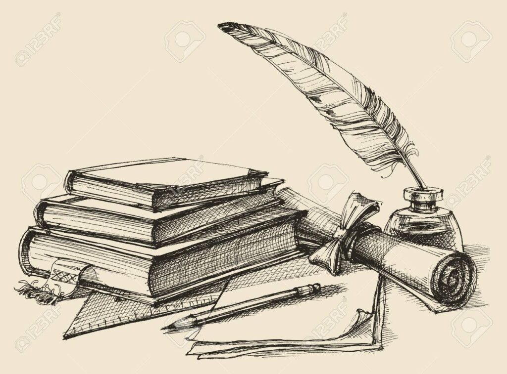 69726051 pila de libros papel lapiz pergamino pluma y tinta diploma certificado escuela estudio la
