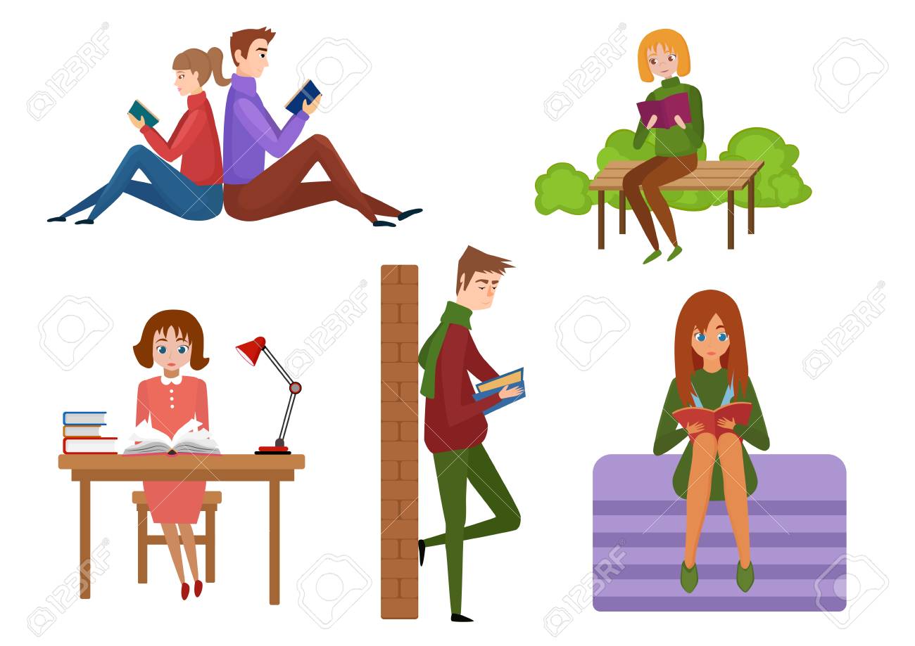 Personas leyendo libros en diferentes lugares