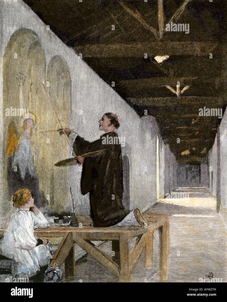artist painting a fresco in florence during the renaissance hand colored AYW2TK