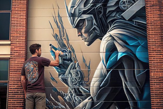 Artista creando grafiti en pared urbana