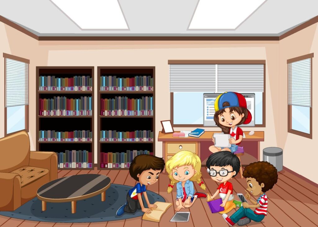 children reading books in library free vector