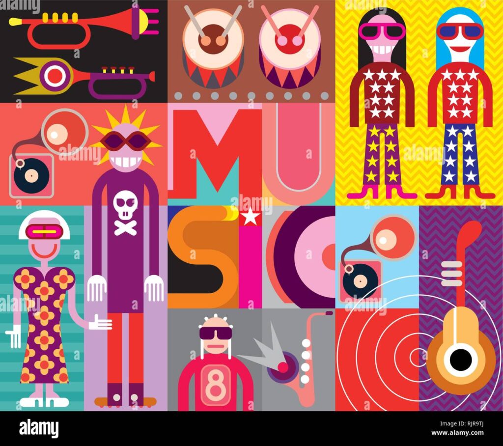 collage musical pop art ilustracion vectorial con personas instrumentos musicales y la inscripcion musica rjr9tj