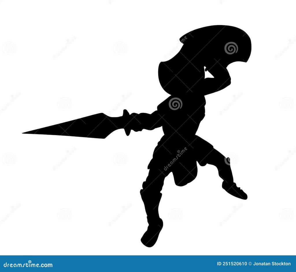 heroe griego antiguo soldado achilles con espada y escudo en la ilustracion de silueta vector batalla aislado fondo blanco 251520610