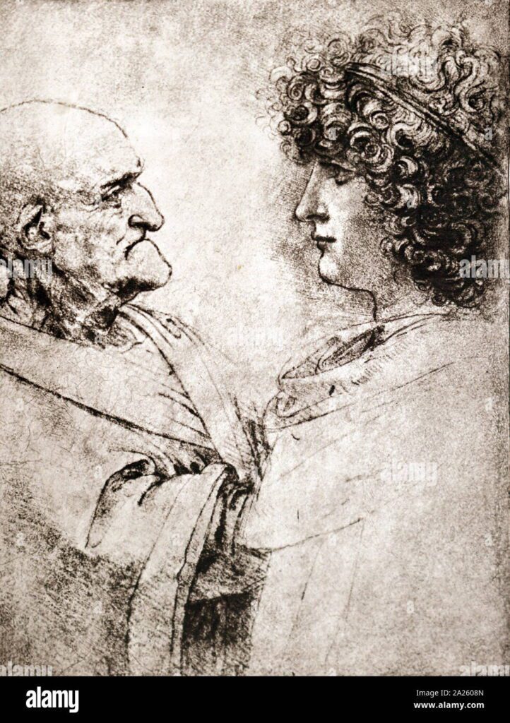 Quién fue Leonardo da Vinci y cuáles fueron sus aportes 4 hombre viejo y una juventud 1495 tiza roja dibujo de leonardo da vinci 1452 1519 artista italiano y polimata 2a2608n