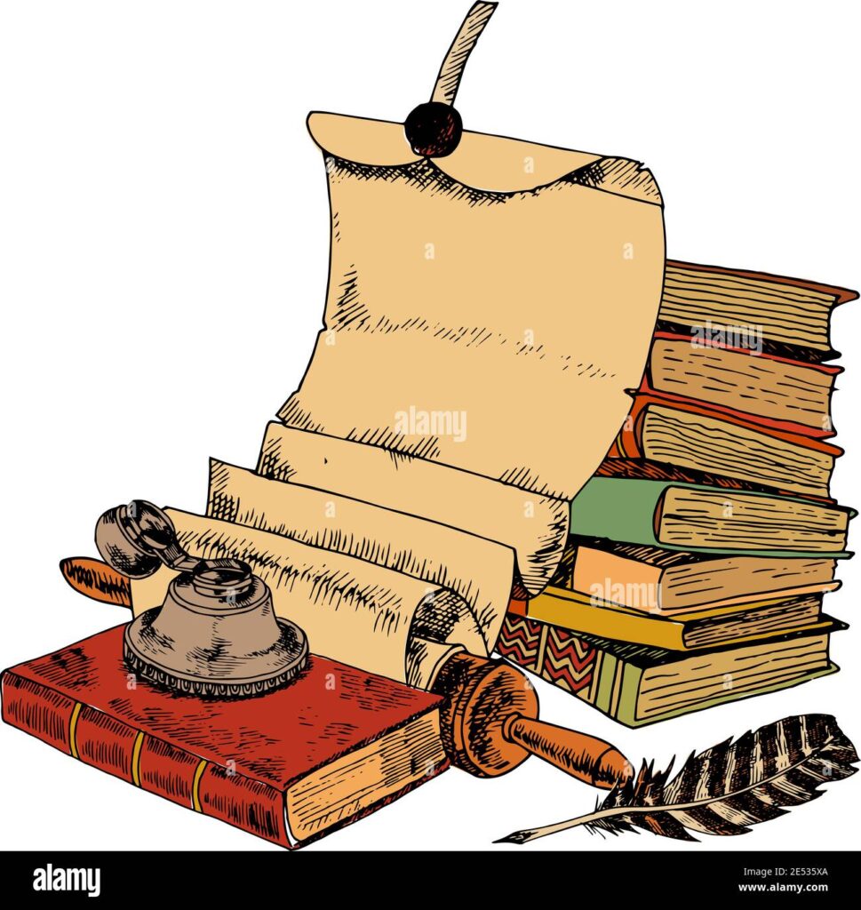 Qué significa literatura de ficción 4 libros antiguos con pluma de papel y tinta color olla dibujo decorativo concepto ilustracion vectorial 2e535xa