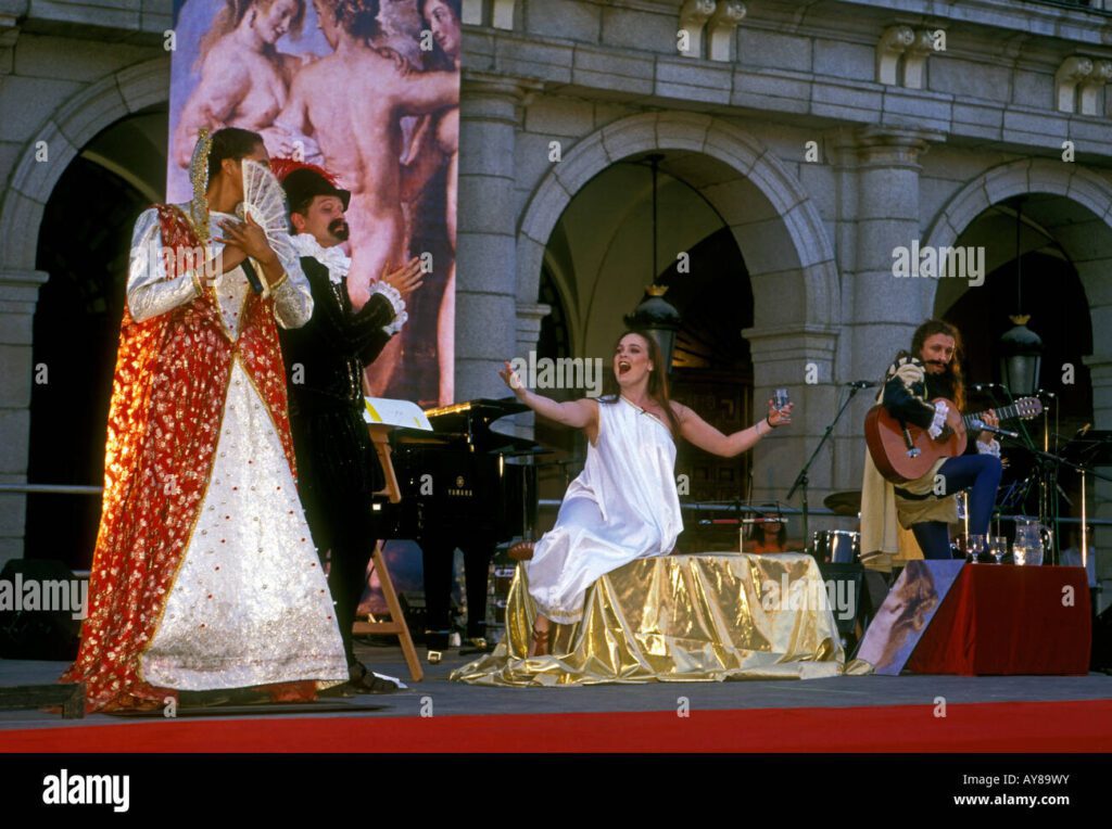 Explorando los Pasos: Un Subgénero Teatral Histórico 9 los espanoles espanoles femenino masculino actores actuando en representacion teatral en la plaza mayor de madrid provincia de madrid espana europa ay89wy