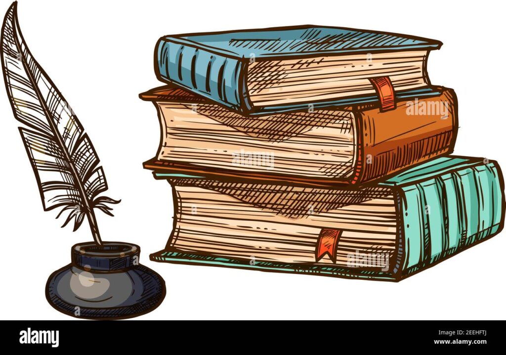 Qué es la literatura con tus propias palabras 22 los libros viejos se apilan y pluma pluma de pluma de pluma en el pozo de tinta vector simbolos de boceto aislados de retro o antiguo papeleria de escritura de libro marron rugoso con bookm 2eehftj