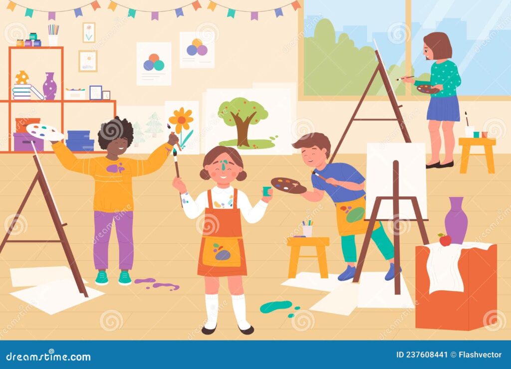 Artes Visuales: Descubre su Rol en la Historia y Educación 24 ninos pintando en clase o taller de arte con divertidos y ninas dibujando pintura divertida ilustracion vectorial artistas 237608441 1