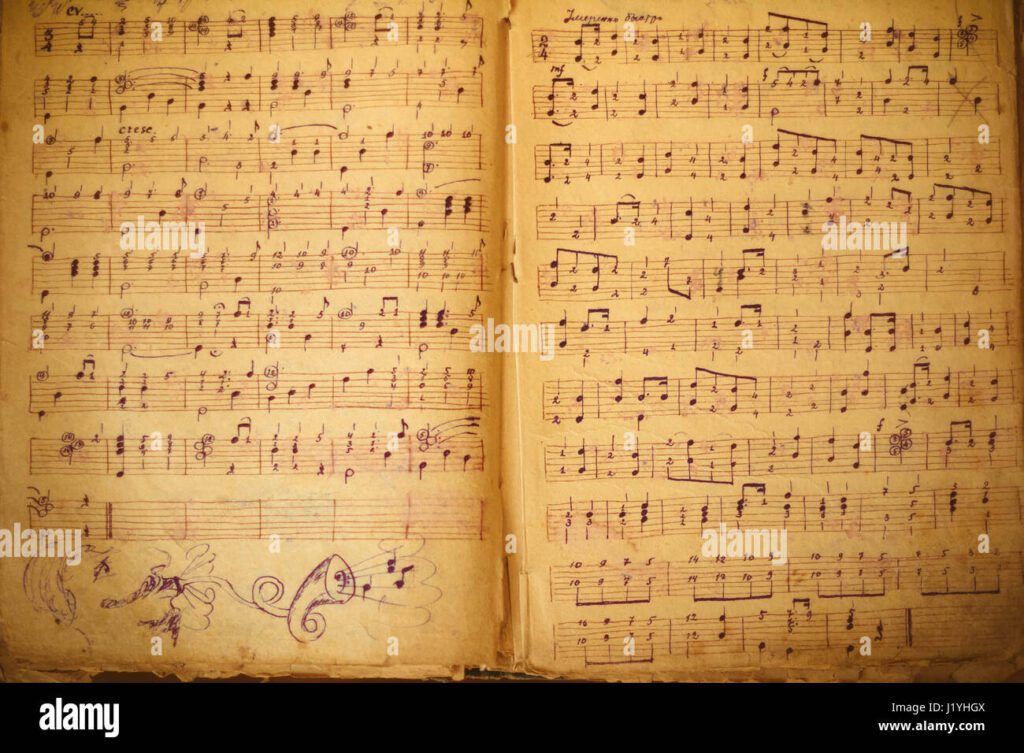 notas musicales de fondo con partituras antiguas j1yhgx