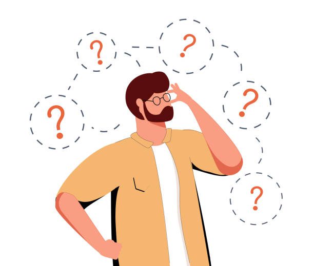 personajes reflexivos con signos de interrogacion que resuelven problemas o buscan