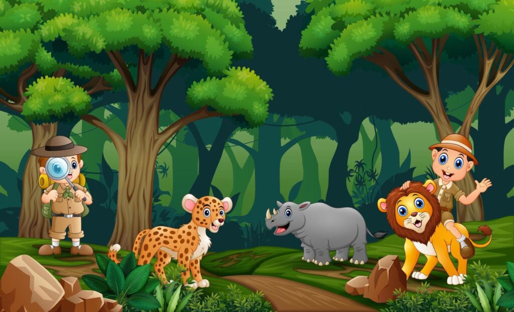 safari boys with animals in the forest free vector