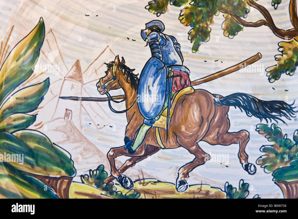Que simboliza el personaje Don Quijote 9 ubeda jaen provincia espana ceramica placa recuerdos de don quijote montado en rocinante luchar contra molinos de viento b0w736