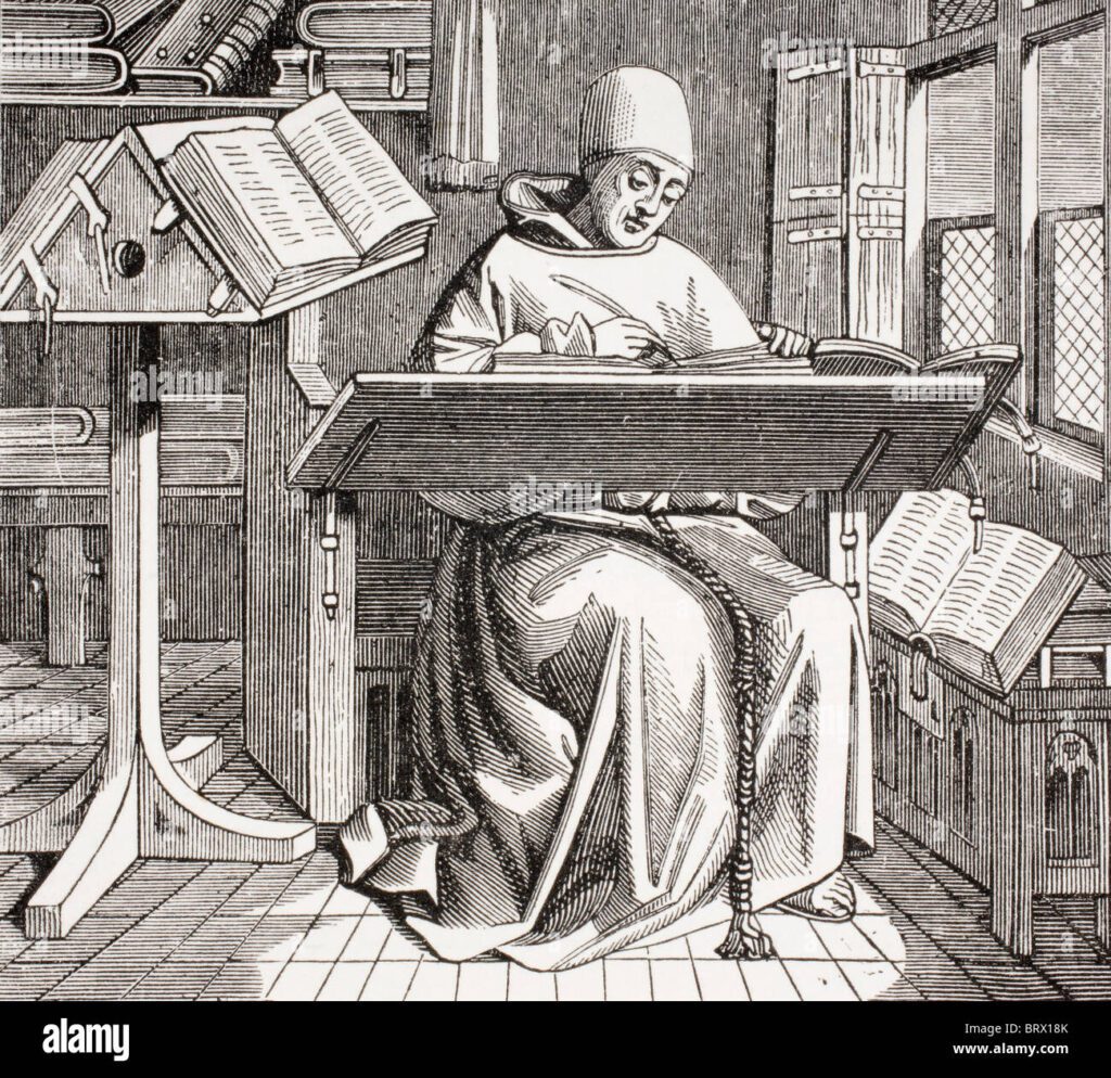 un monje escribano escrito en su escritorio rodeado de manuscritos y libros brx18k